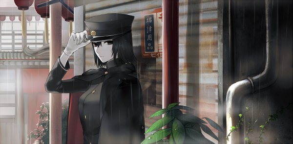 Anime picture 1425x700 with kantai collection akitsumaru dock landing ship harano single looking at viewer fringe short hair black hair wide image holding outdoors black eyes rain steam girl gloves plant (plants) white gloves building (buildings) cape