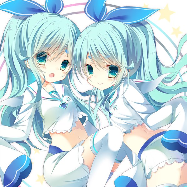 Anime picture 1300x1300 with sound voltex noah (sound voltex) near (sound voltex) shiiba nae long hair looking at viewer blush fringe open mouth smile hair between eyes multiple girls ponytail long sleeves aqua eyes aqua hair :o midriff loli eyebrows