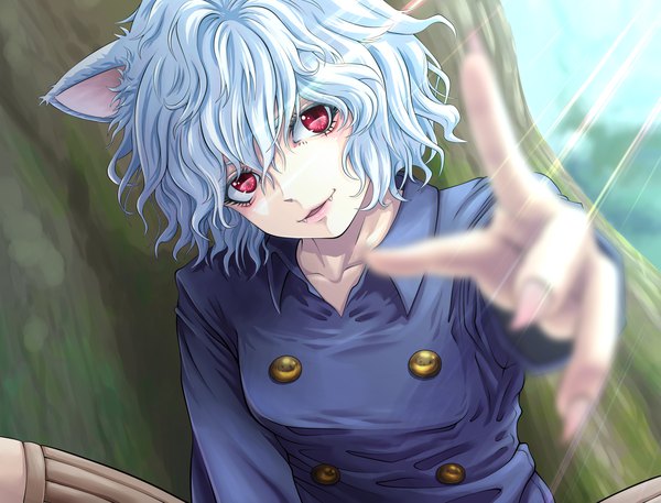 Anime picture 1969x1500 with hunter x hunter neferupito yossui (siny0726) single looking at viewer fringe highres short hair open mouth smile hair between eyes red eyes animal ears upper body outdoors white hair head tilt fingernails sunlight blurry