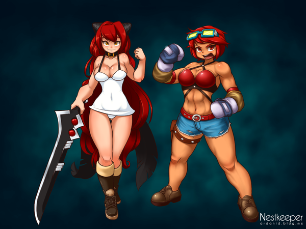 Anime-Bild 1600x1200 mit dungeon and fighter nestkeeper looking at viewer blush short hair breasts open mouth light erotic smile red eyes large breasts multiple girls red hair very long hair orange eyes groin girl weapon 2 girls sword