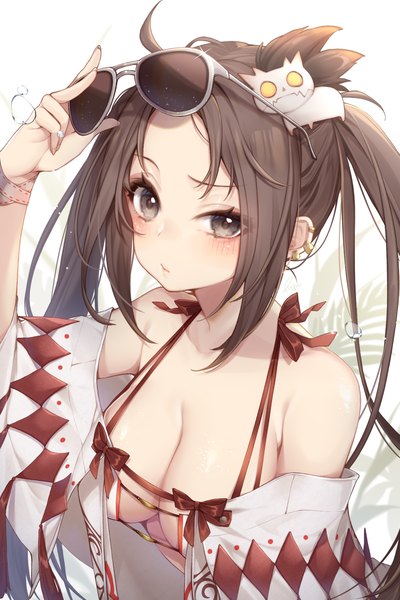 Anime picture 1200x1800 with fate (series) fate/grand order yu mei-ren (fate) yu miaoyi (swimsuit lancer) ripu (sherypton) single long hair tall image looking at viewer breasts light erotic brown hair large breasts twintails upper body black eyes piercing ear piercing sunglasses on head adjusting sunglasses