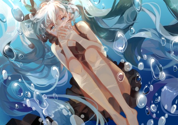 Anime picture 1000x700 with vocaloid shinkai shoujo (vocaloid) hatsune miku sail single looking at viewer fringe blue eyes twintails very long hair barefoot aqua hair bare legs from below legs wavy hair underwater covering girl dress