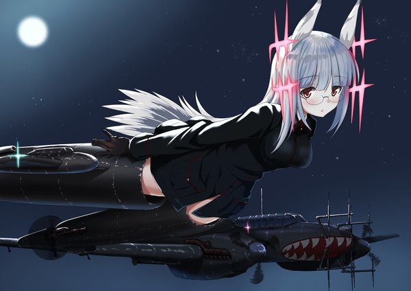 Anime-Bild 3507x2480 mit strike witches heidimarie w schnaufer a9b (louis814) single long hair looking at viewer blush fringe highres breasts light erotic hair between eyes red eyes animal ears absurdres silver hair tail long sleeves animal tail night