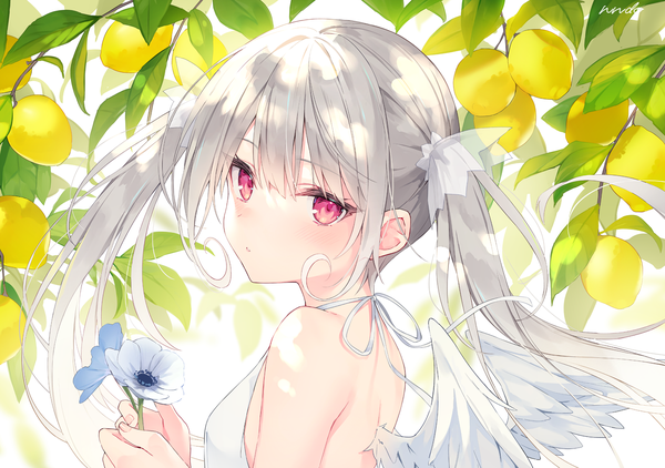 Anime picture 1435x1011 with original elle (rurudo) rurudo single long hair looking at viewer blush fringe red eyes twintails bare shoulders holding signed silver hair upper body parted lips white wings girl hair ornament flower (flowers)