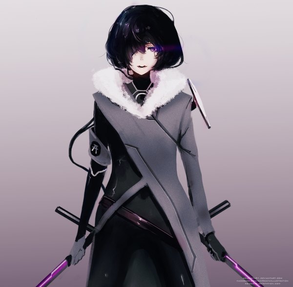 Anime picture 1358x1332 with original aoi ogata single looking at viewer fringe short hair open mouth black hair simple background smile standing purple eyes holding long sleeves hair over one eye grey background teeth fur trim glowing glowing eye (eyes)