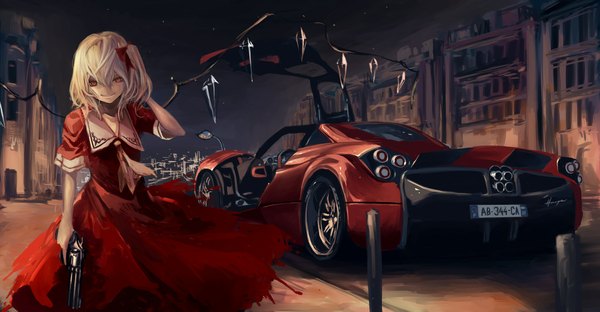 Anime picture 2315x1204 with touhou pagani flandre scarlet koh (minagi kou) single long hair looking at viewer highres blonde hair red eyes wide image holding side ponytail vampire girl dress bow weapon hair bow wings