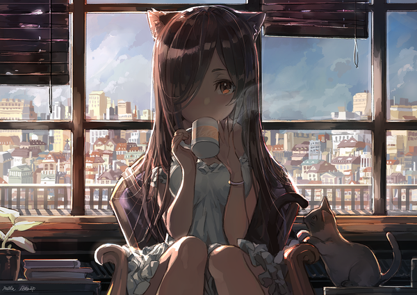 Anime picture 1300x919 with original mika pikazo single long hair looking at viewer fringe brown hair sitting brown eyes signed animal ears indoors tail animal tail cat ears hair over one eye cat girl cat tail girl dress