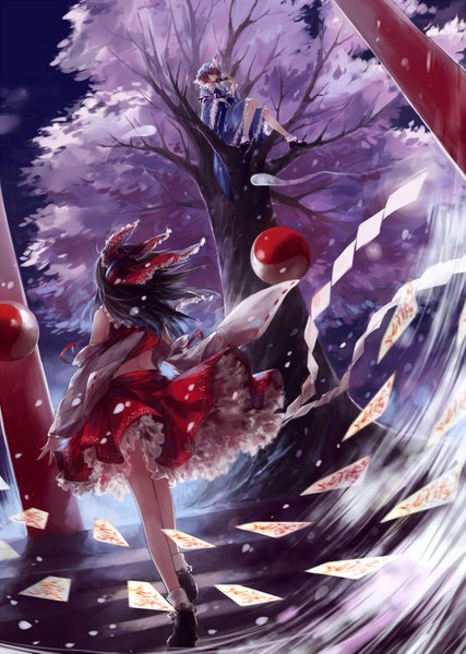 Anime picture 1092x1535 with touhou hakurei reimu saigyouji yuyuko myon w w w wloveless long hair tall image fringe short hair black hair sitting multiple girls holding purple hair traditional clothes wind from behind from below cherry blossoms black background