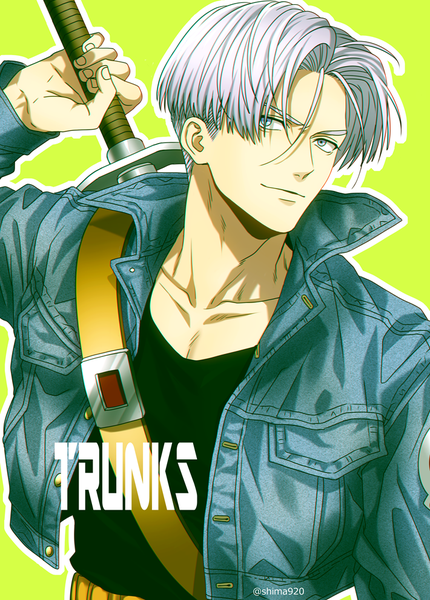 Anime picture 710x990 with dragon ball dragon ball z trunks (dragon ball) trunks (future) (dragon ball) mashima shima single tall image short hair blue eyes simple background signed silver hair upper body open jacket character names twitter username green background outline denim boy
