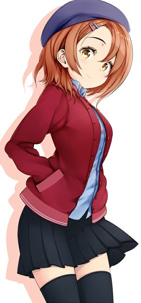 Anime picture 444x950 with original zizi (zz22) single tall image looking at viewer short hair smile standing brown eyes pleated skirt orange hair girl thighhighs skirt hair ornament black thighhighs hairclip cap