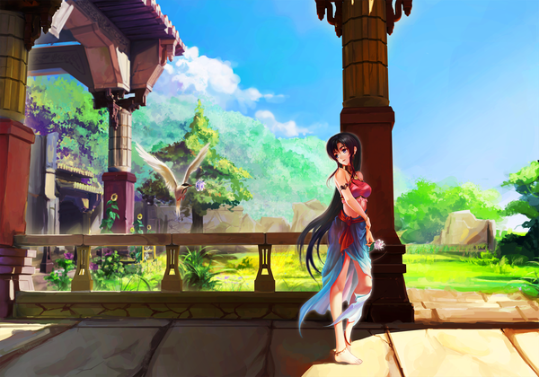 Anime picture 2000x1400 with original ushas single long hair highres black hair brown eyes sky cloud (clouds) looking back barefoot girl flower (flowers) plant (plants) animal tree (trees) bird (birds)