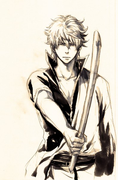 Anime picture 659x1000 with gintama sunrise (studio) sakata gintoki acaco single tall image looking at viewer short hair simple background brown eyes white hair traditional clothes japanese clothes monochrome boy weapon belt kimono bokken