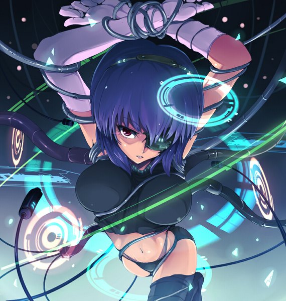 Anime picture 1000x1052 with ghost in the shell production i.g kusanagi motoko kasai shin single tall image looking at viewer short hair breasts light erotic red eyes blue hair bondage girl thighhighs gloves underwear panties black thighhighs elbow gloves