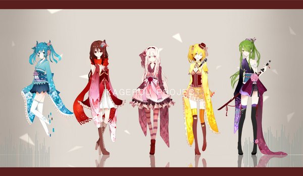 Anime picture 1083x633 with kagerou project shaft (studio) tateyama ayano mary (kagerou project) ene (kagerou project) kido tsubomi kisaragi momo planetes (artist) long hair fringe short hair blue eyes blonde hair red eyes brown hair wide image twintails multiple girls brown eyes pink hair