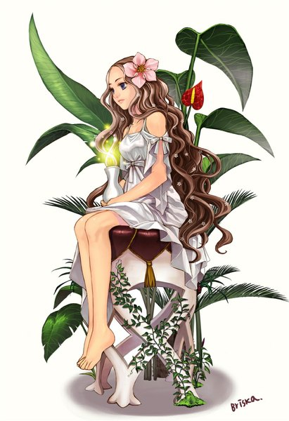 Anime picture 740x1078 with original briska single long hair tall image blue eyes simple background brown hair white background sitting holding looking away barefoot hair flower lips lipstick glowing wavy hair nature girl