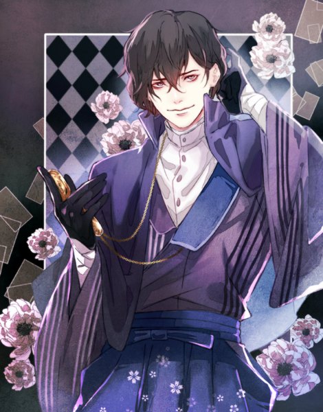 Anime picture 666x850 with bungou stray dogs studio bones dazai osamu (bungou stray dogs) saito yukihiro single tall image looking at viewer fringe short hair black hair smile hair between eyes standing holding brown eyes traditional clothes japanese clothes wide sleeves floral print smirk