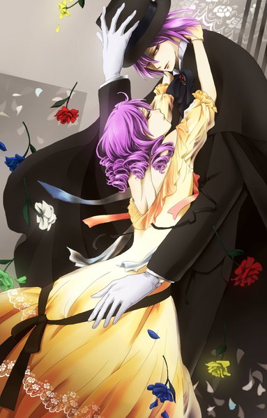Anime picture 1200x1876 with kuroko no basket production i.g murasakibara atsushi long hair tall image looking at viewer purple eyes purple hair from behind grey background couple hug back drill hair face to face girl dress boy gloves flower (flowers)