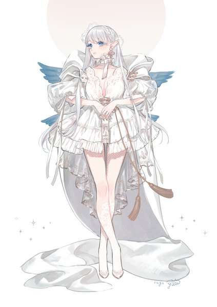 Anime picture 816x1157 with original yua (tick-tack) single long hair tall image looking at viewer fringe blue eyes simple background standing white background cleavage silver hair full body pointy ears turning head crossed legs (standing) girl dress white dress
