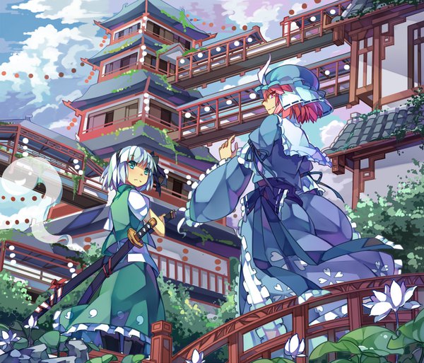 Anime picture 1500x1284 with touhou konpaku youmu saigyouji yuyuko myon koxo-01 looking at viewer short hair smile multiple girls looking away pink hair cloud (clouds) outdoors white hair traditional clothes japanese clothes pink eyes aqua eyes from behind wide sleeves
