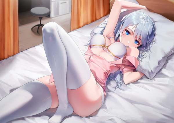 Anime picture 4093x2894 with original hajin single long hair looking at viewer blush highres blue eyes light erotic absurdres silver hair bent knee (knees) indoors lying from above arms up on back no shoes girl thighhighs