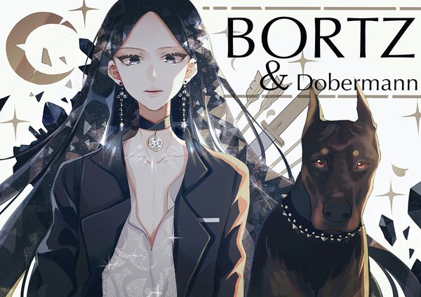 Anime picture 850x601 with houseki no kuni bort lococo:p single long hair looking at viewer black hair black eyes open jacket sparkle alternate costume character names floating hair piercing ear piercing shiny androgynous fashion earrings animal