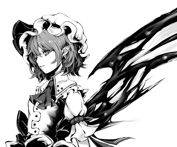Anime picture 5787x4822 with touhou remilia scarlet yutapon single looking at viewer fringe highres short hair simple background hair between eyes white background absurdres parted lips profile short sleeves puffy sleeves monochrome demon wings girl hat