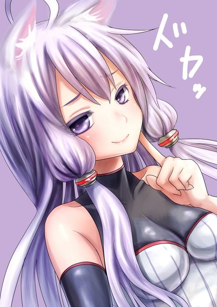 Anime picture 707x1000 with vocaloid yuzuki yukari kakan (amka) single long hair tall image looking at viewer blush simple background smile purple eyes twintails bare shoulders animal ears purple hair low twintails finger to mouth purple background smirk girl
