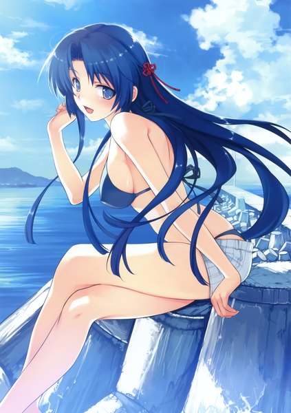 Anime picture 2138x3030 with suiheisen made nan mile? koga sayoko misaki kurehito single long hair tall image looking at viewer blush fringe highres breasts open mouth light erotic large breasts sitting blue hair game cg sky cloud (clouds) outdoors