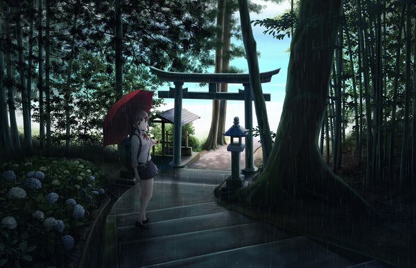 Anime picture 2000x1291 with original yumemizuki yume32ki single long hair looking at viewer fringe highres breasts blue eyes brown hair standing holding pleated skirt looking back from above plaid skirt rain horizon girl