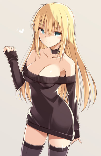 Anime picture 585x900 with kantai collection bismarck battleship oota yuuichi single long hair tall image looking at viewer blush fringe breasts light erotic simple background blonde hair smile hair between eyes large breasts standing bare shoulders cleavage long sleeves