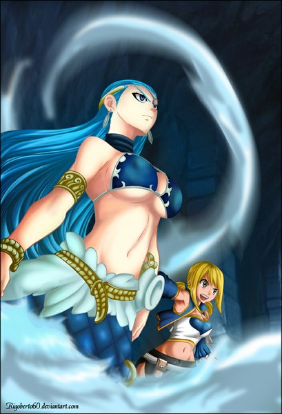 Anime picture 704x1033 with fairy tail lucy heartfilia aquarius (fairy tail) rigoberto60 long hair tall image open mouth blue eyes light erotic blonde hair smile multiple girls yellow eyes blue hair tail bare belly from below armpit (armpits) midriff coloring