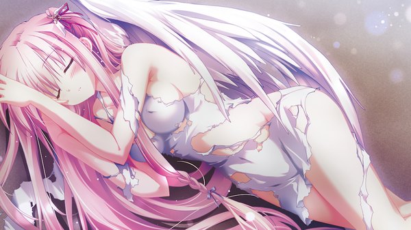 Anime picture 1024x576 with fortuna rhapsody long hair blush wide image pink hair game cg eyes closed torn clothes girl hair ornament wings