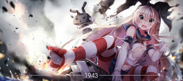Anime picture 1500x666 with kantai collection shimakaze destroyer rensouhou-chan ninjinshiru long hair blush open mouth light erotic blonde hair wide image signed inscription grey eyes no shoes tears torn clothes smoke > < girl thighhighs