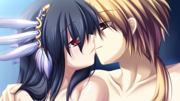 Anime picture 1024x576 with kamidori alchemy meister yuela long hair black hair red eyes wide image game cg orange hair kiss girl boy