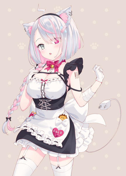 Anime picture 2646x3679 with virtual youtuber indie virtual youtuber lolo (vtuber) akamoku single long hair tall image looking at viewer highres animal ears pink hair cleavage silver hair ahoge braid (braids) multicolored hair two-tone hair :o maid streaked hair