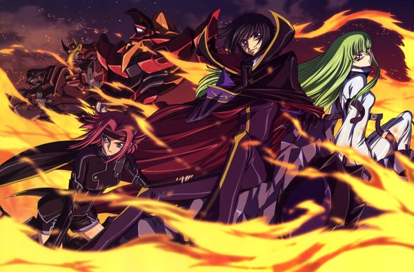 Anime picture 5782x3816 with code geass sunrise (studio) c.c. lelouch lamperouge kallen stadtfeld guren nishiki nakatani seiichi long hair looking at viewer fringe highres short hair black hair smile purple eyes multiple girls yellow eyes looking away absurdres cloud (clouds)