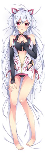 Anime picture 587x2000 with phantasy star phantasy star online 2 sega matoi (pso2) milkpanda single tall image looking at viewer blush fringe breasts open mouth light erotic simple background smile hair between eyes red eyes large breasts white background bare shoulders