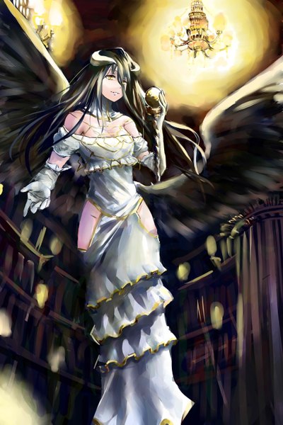 Anime picture 3543x5314 with overlord (maruyama) madhouse albedo (overlord) jeffrey10 single long hair tall image looking at viewer fringe highres breasts light erotic black hair smile hair between eyes large breasts bare shoulders holding yellow eyes absurdres