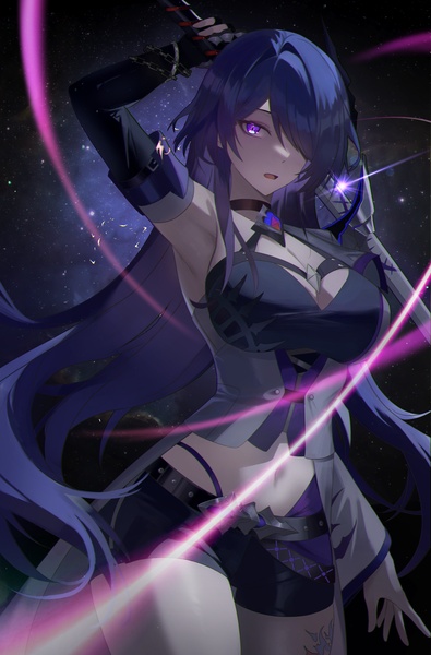 Anime picture 3288x5000 with honkai: star rail honkai (series) acheron (honkai: star rail) lux (3725) single long hair tall image looking at viewer fringe highres breasts open mouth light erotic large breasts purple eyes absurdres cleavage purple hair arm up hair over one eye