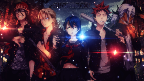 Anime picture 1920x1080 with shokugeki no soma j.c. staff tadokoro megumi yukihira souma takumi aldini hayama akira kurokiba ryou totoro-gx aikogfx long hair looking at viewer blush fringe highres short hair open mouth blue eyes black hair blonde hair smile