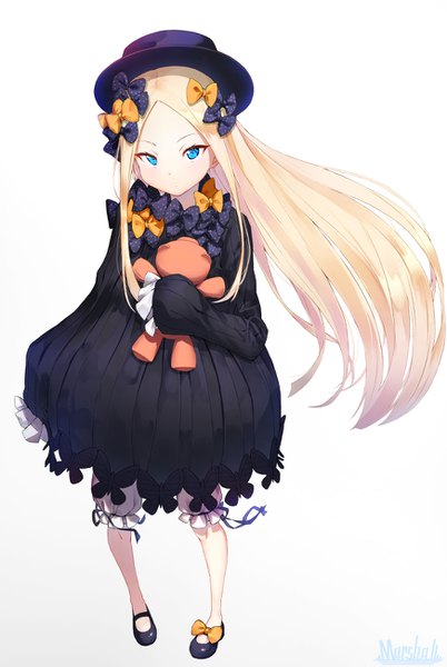 Anime picture 871x1300 with fate (series) fate/grand order abigail williams (fate) marshall (wahooo) single long hair tall image looking at viewer blonde hair simple background white background signed full body long sleeves expressionless girl bow hair bow hat shoes