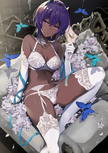 Anime picture 636x900 with fate (series) fate/prototype: fragments of blue and silver fate/prototype hassan of serenity (fate) hirai yuzuki single tall image looking at viewer fringe short hair breasts light erotic hair between eyes sitting purple eyes cleavage purple hair parted lips from above arm support