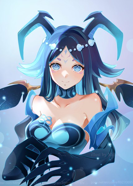 Anime picture 2000x2792 with genshin impact bonanus (genshin impact) mihan77108047 single long hair tall image highres blue eyes smile signed blue hair cleavage upper body horn (horns) forehead mark girl