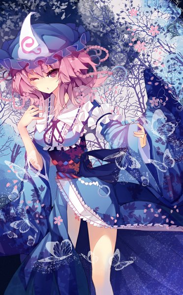 Anime picture 620x1000 with touhou saigyouji yuyuko rain lan single tall image looking at viewer blush short hair pink hair one eye closed pink eyes from above wink girl dress plant (plants) petals tree (trees) insect butterfly