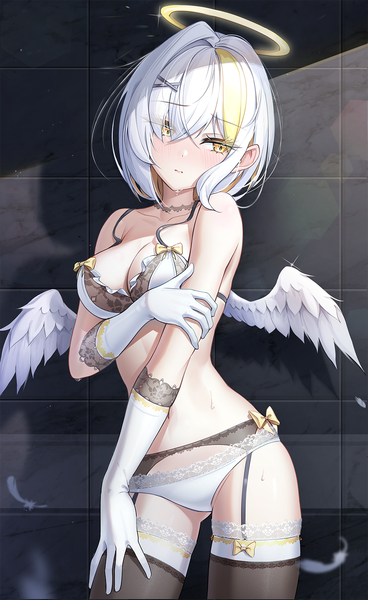 Anime picture 1000x1630 with original kira (kira78718520) single tall image fringe short hair light erotic standing yellow eyes looking away silver hair multicolored hair hair over one eye streaked hair underwear only white wings angel against wall holding arm girl