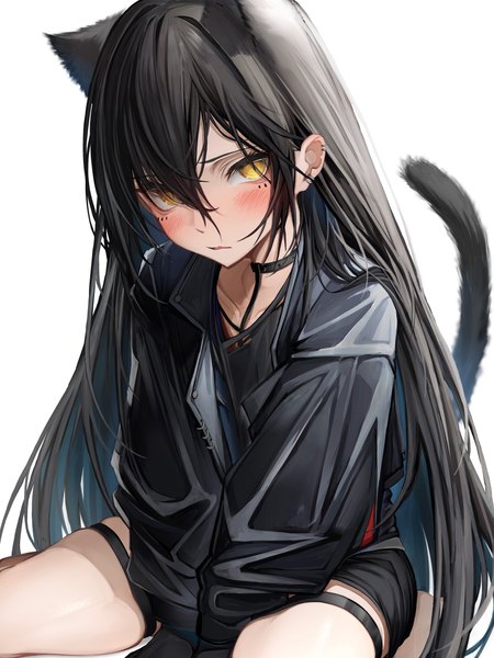 Anime picture 3748x5000 with arknights dagda (arknights) tab head single long hair tall image looking at viewer blush fringe highres black hair simple background hair between eyes white background sitting animal ears yellow eyes absurdres tail animal tail