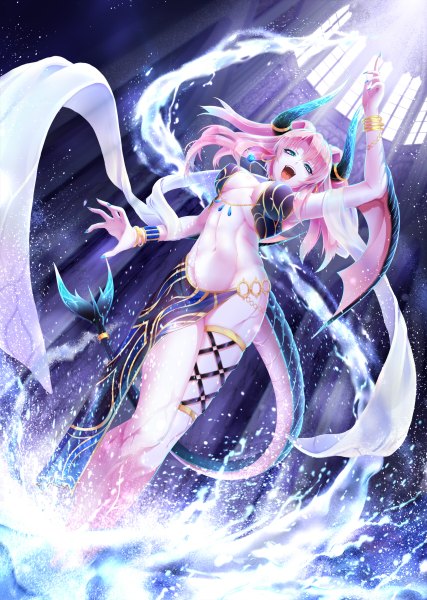 Anime picture 854x1200 with original zeroshiki kouichi single long hair tall image breasts open mouth blue eyes light erotic pink hair tail horn (horns) dragon girl dragon tail girl navel wings
