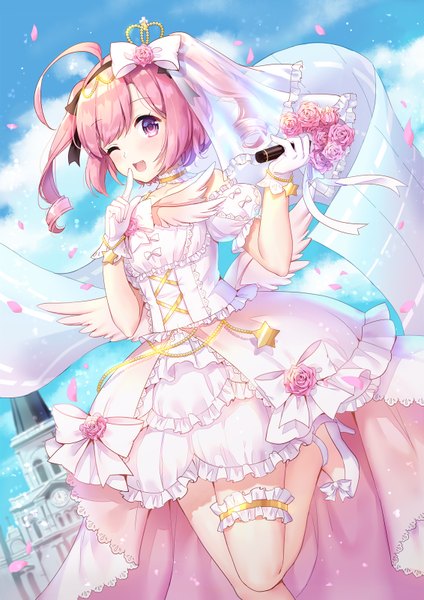Anime picture 1131x1600 with azur lane saratoga (azur lane) silveroid single tall image looking at viewer blush fringe short hair open mouth smile hair between eyes standing purple eyes twintails holding pink hair sky cloud (clouds) ahoge
