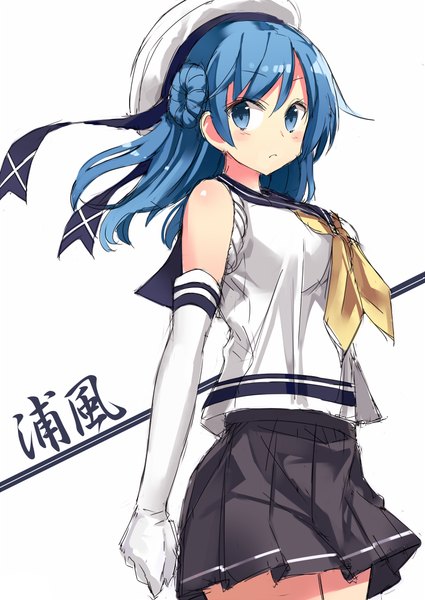 イラスト 708x1000 と 艦隊これくしょん 浦風(艦これ) クホウ ソロ 長髪 長身像 赤面 短い髪 青い目 simple background 白背景 looking away 風 hair bun (hair buns) character names twisty sleeves 女の子 手袋 長手袋 白手袋