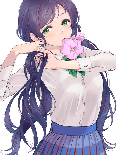 Anime picture 885x1180 with love live! school idol project sunrise (studio) love live! toujou nozomi kate iwana single long hair tall image looking at viewer blush breasts simple background large breasts white background twintails holding green eyes purple hair upper body pleated skirt